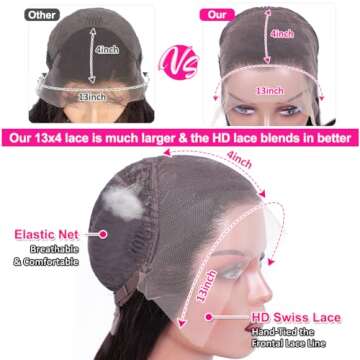 Pizazz 13x4 Human Hair Lace Front Wigs for Black Women Glueless 180 Density HD Transparent Deep Wave Frontal wig with Baby Hair Pre Plucked Bleached Knots(14 Inch, Black color)