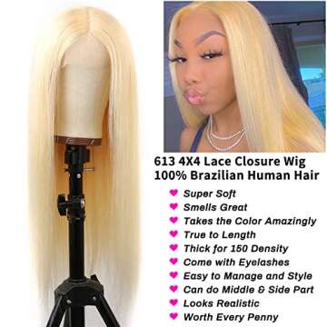 Hot Star Hair 4x4 Lace Closure Wigs Body Wave Human Hair Wigs for Black Women 150% Density Brazilian Lace Front Wigs Pre Plucked with Baby Hair… (18 Inch (Pack of 1), 613 Blonde Lace Wigs)