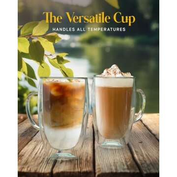Kitchables Double Walled Glass Coffee Mugs Set of 2, 15oz - Insulated Glass Coffee Mugs for Cappuccino, Latte, Tea, Espresso - Latte Cup - Tazas Para Cafe