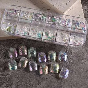 Holographic Opal Nail Art Glitter Flakes Powder Aurora Iridescent Pigment Ice Crystal Mermaid Paillettes Sparkly Sequins Design for Manicure Decoration Accessories 12 Grids