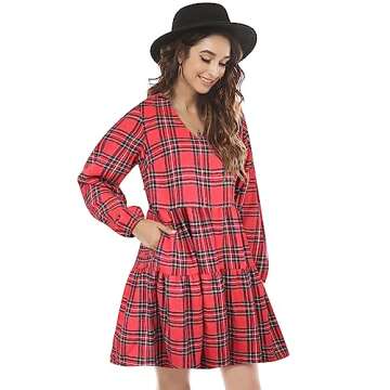FANCYINN Womens Long Sleeve Buffalo Plaid Shift Tunic Dress Ruffle Hem Vneck Casual Swing Babydoll M...