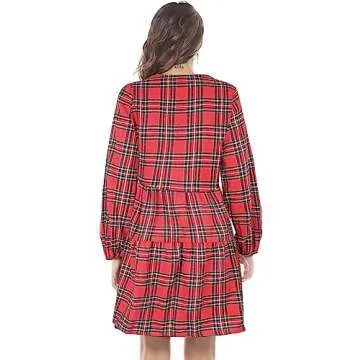 FANCYINN Womens Long Sleeve Buffalo Plaid Shift Tunic Dress Ruffle Hem Vneck Casual Swing Babydoll Mini Dress with Pockets Red Yellow S
