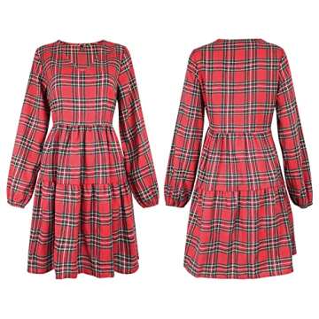 FANCYINN Womens Long Sleeve Buffalo Plaid Shift Tunic Dress Ruffle Hem Vneck Casual Swing Babydoll Mini Dress with Pockets Red Yellow S