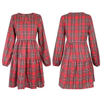 FANCYINN Womens Long Sleeve Buffalo Plaid Shift Tunic Dress Ruffle Hem Vneck Casual Swing Babydoll Mini Dress with Pockets Red Yellow S