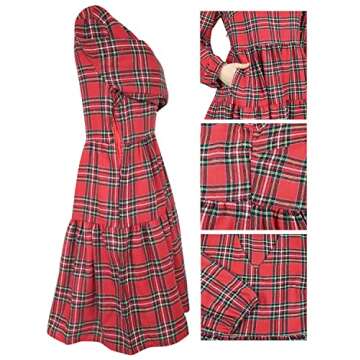 FANCYINN Womens Long Sleeve Buffalo Plaid Shift Tunic Dress Ruffle Hem Vneck Casual Swing Babydoll Mini Dress with Pockets Red Yellow S