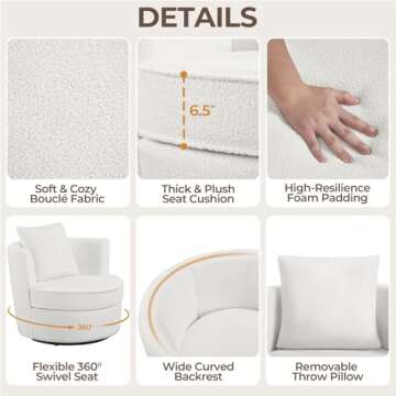 Yaheetech Swivel Accent Chair, 34.5? W Soft Boucle Swivel Barrel Chair, 360� Modern Upholstered Round Armchair with Pillow, Teddy Sofa Sherpa Chair for Living Room Bedroom Reading White