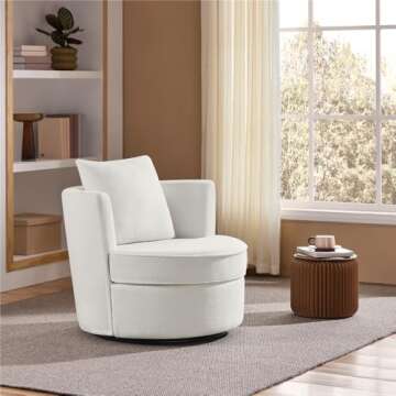 Yaheetech Swivel Accent Chair, 34.5? W Soft Boucle Swivel Barrel Chair, 360� Modern Upholstered Round Armchair with Pillow, Teddy Sofa Sherpa Chair for Living Room Bedroom Reading White
