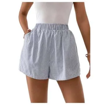 COZYEASE Women's Striped Print Elastic High Waisted Shorts Casual Wide Leg Summer Boxer Shorts with Pockets Blue and White S