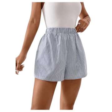 COZYEASE Women's Striped Print Elastic High Waisted Shorts Casual Wide Leg Summer Boxer Shorts with Pockets Blue and White S