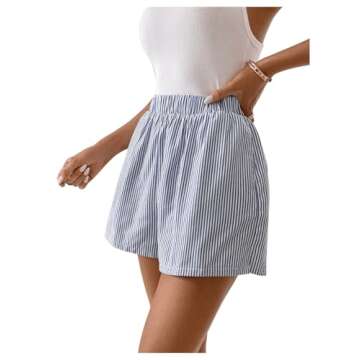 COZYEASE Women's Striped Print Elastic High Waisted Shorts Casual Wide Leg Summer Boxer Shorts with Pockets Blue and White S