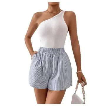 COZYEASE Women's Striped Print Elastic High Waisted Shorts Casual Wide Leg Summer Boxer Shorts with Pockets Blue and White S