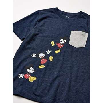 Amazon Essentials Disney | Marvel | Star Wars Boys' Short-Sleeve T-Shirts (Previously Spotted Zebra), Pack of 4, Navy/Grey/Orange/Mickey Snacks, X-Small