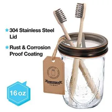 Mason Jar Bathroom Accessories Set 4 - Oil Rubbed Bronze - Mason Jar Soap Dispenser & 2 Apothecary Jars & Toothbrush Holder - Rustic Farmhouse Bathroom Home Decor Clearance, Countertop Organizer