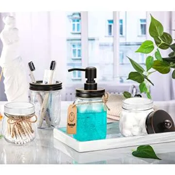 Mason Jar Bathroom Accessories Set 4 - Oil Rubbed Bronze - Mason Jar Soap Dispenser & 2 Apothecary Jars & Toothbrush Holder - Rustic Farmhouse Bathroom Home Decor Clearance, Countertop Organizer
