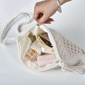 Eiyye Crochet Crossbody Bag Handmade Purse Crocheted Crossbody Bag with Tassel for Women Girls（Off White）