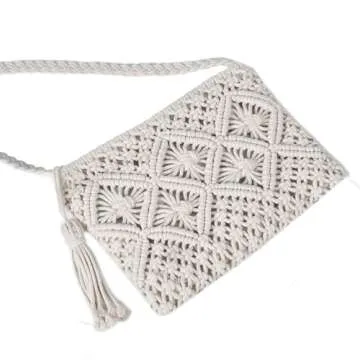 Eiyye Crochet Crossbody Bag Handmade Purse Crocheted Crossbody Bag with Tassel for Women Girls（Off White）