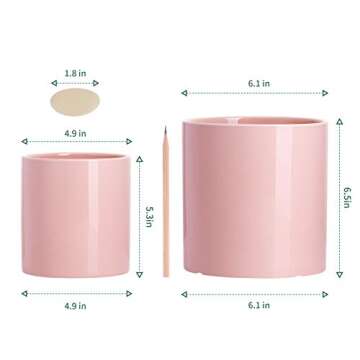 POTEY Ceramic Planter Flower Plant Pot - 4.9”+6.1” with Drain Hole Full Depth Cylinder - Minimalism for Indoor planters - Set of 2, Light Pink