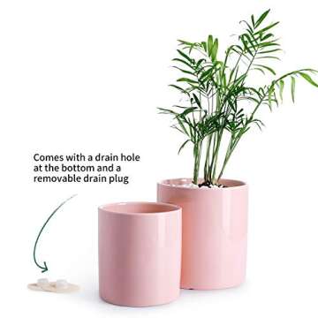 POTEY Ceramic Planter Flower Plant Pot - 4.9”+6.1” with Drain Hole Full Depth Cylinder - Minimalism for Indoor planters - Set of 2, Light Pink