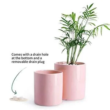 POTEY Ceramic Planter Flower Plant Pot - 4.9”+6.1” with Drain Hole Full Depth Cylinder - Minimalism for Indoor planters - Set of 2, Light Pink