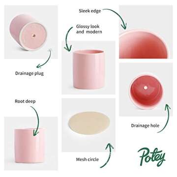 POTEY Ceramic Planter Flower Plant Pot - 4.9”+6.1” with Drain Hole Full Depth Cylinder - Minimalism for Indoor planters - Set of 2, Light Pink