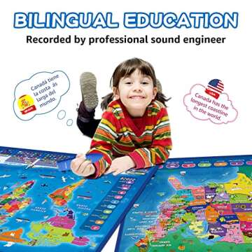 Qiaojoy Bilingual Interactive Talking USA & World Map for Kids Learning