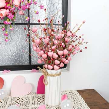 J'FLORU Valentine's Day Gifts Valentines Day Decorations 24 Pack Pink Heart Shaped Berry Picks with ...