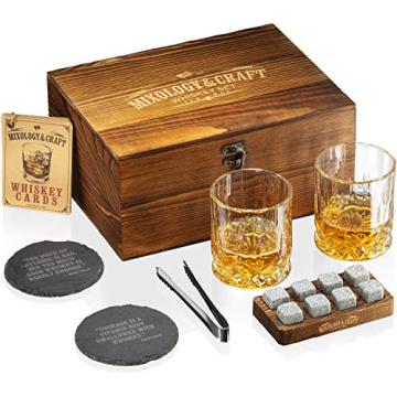 Mixology & Craft Whiskey Glasses Gift Set for Men - Diamond Cut Glasses & Chilling Stones