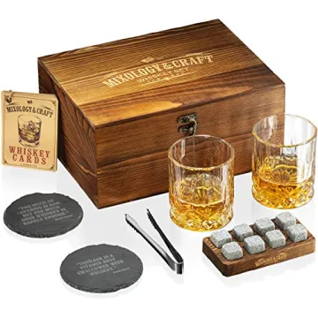 Mixology & Craft Whiskey Glasses Gift Set for Men - Diamond Cut Glasses & Chilling Stones