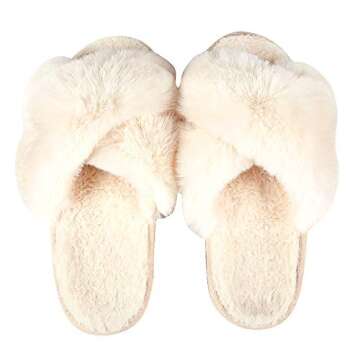 Comwarm Women's Cross Band Fuzzy Slippers Fluffy Open Toe House Slippers Cozy Plush Bedroom Shoes In...