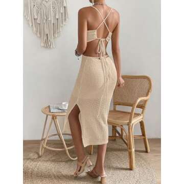 SOLY HUX Women's Cut Out Criss Cross Tie Backless Split Hem Cami Dress Midi Bodycon Dress Solid Khaki Medium
