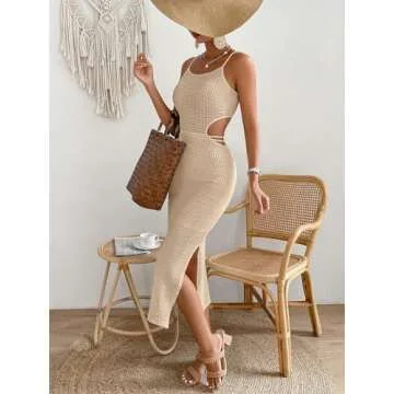 SOLY HUX Women's Cut Out Criss Cross Tie Backless Split Hem Cami Dress Midi Bodycon Dress Solid Khaki Medium