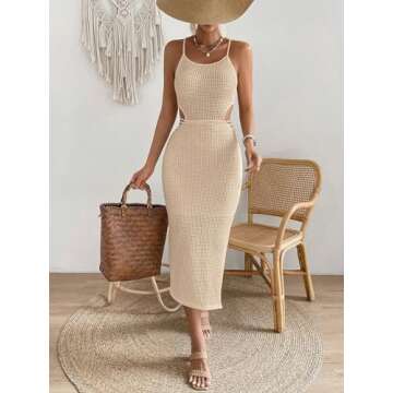 SOLY HUX Women's Cut Out Criss Cross Tie Backless Split Hem Cami Dress Midi Bodycon Dress Solid Khaki Medium