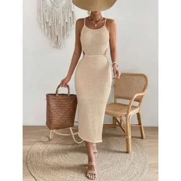 SOLY HUX Women's Cut Out Criss Cross Tie Backless Split Hem Cami Dress Midi Bodycon Dress Solid Khaki Medium