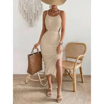 SOLY HUX Women's Cut Out Criss Cross Tie Backless Split Hem Cami Dress Midi Bodycon Dress Solid Khaki Medium