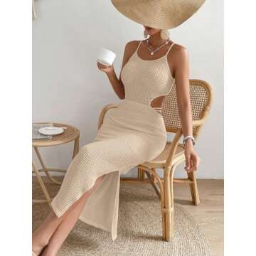 SOLY HUX Women's Cut Out Criss Cross Tie Backless Split Hem Cami Dress Midi Bodycon Dress Solid Khaki Medium