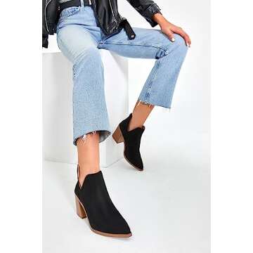 Kathemoi Women's Cutout Pointed Toe Chunky Ankle Boots