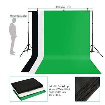 Andoer Photography Umbrella Continuous Lighting Kit - 6.6ft x 10ft Background Support System 3pcs Muslin Backdrops Screen and 3pcs Umbrellas for Photo Portrait Studio Shoot