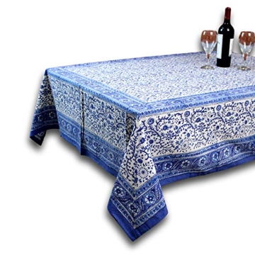 Homestead Rajasthan Block Print Cotton Tablecloth 90" x 60" Stunning Blue