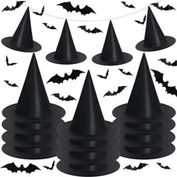 XIMISHOP 12pack Black Halloween Witch Hats with 3D Bats Wall Decor Halloween Costume Witch Accessori...
