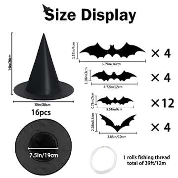 XIMISHOP 12pack Black Halloween Witch Hats & Bat Decor