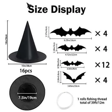 XIMISHOP 12pack Black Halloween Witch Hats & Bat Decor
