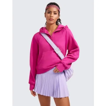 CRZ YOGA Womens Fleece Lined Half Zip Hoodies Pullover Oversized Long Sleeve Casual Workout Sweatshirts with Thumb Holes Hibiscus Purple Large