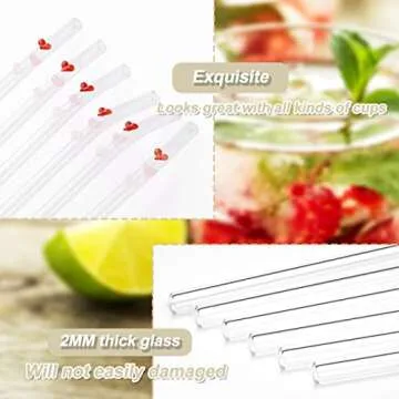 6PCS Reusable Glass Straw Design Glass Straw,Colorful Straws Cocktails Bar Accessories Cleaning Brush Bent Drinking Straws for Hot and Cold Drinks (Heart)