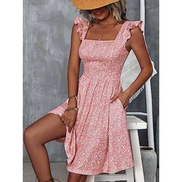 Loemes Sundresses for Women Spring Floral Casual Beach Cottagecore Cute Summer Teen Dresses for Women Large Pink Floral