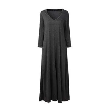 Jacansi Women Fall Maxi Hoodie Dress V Neck Plain Long Maxi Lounging Dresses (001-Dark Gray, M)