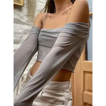 Stylish Remidoo Women's Mesh Crop Top Off-The-Shoulder