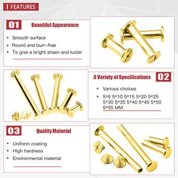 Hilitchi 50Sets M5 Brass Plated Phillips Chicago Screw Posts Binding Screws Assortment Kit for Scrapbook Photo Albums Binding, Leather Repair - Gold (M5 x 15mm-50Sets)