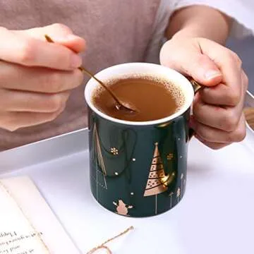 WAVEYU Cute Christmas Coffee Mug with Golden Handle - 10 OZ