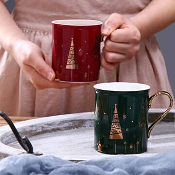 WAVEYU Cute Christmas Coffee Mug with Golden Handle - 10 OZ