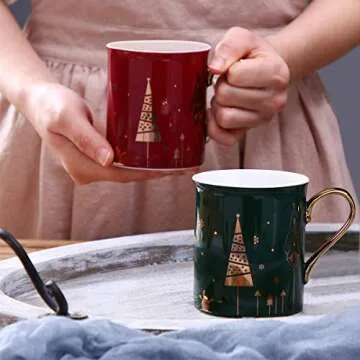 WAVEYU Cute Christmas Coffee Mug with Golden Handle - 10 OZ